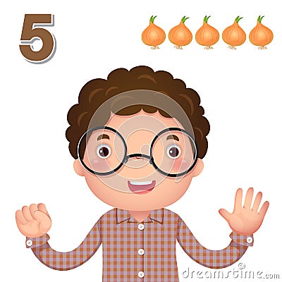 Learn number and counting with kidâ€™s hand showing the number f Vector Illustration